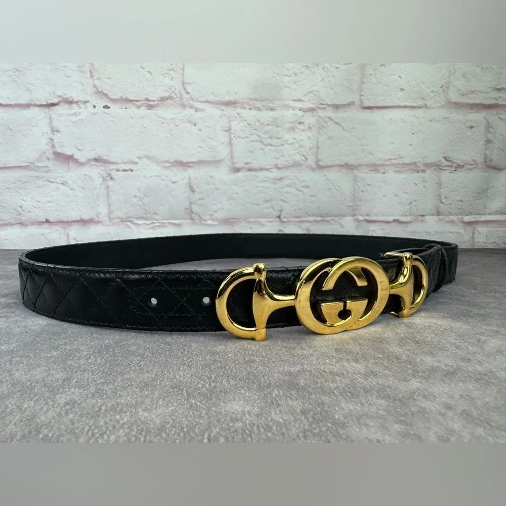 Gucci Zumi Black Leather Quilted Belt with Gold Buckle 550122 90/36 - Picture 2 of 10